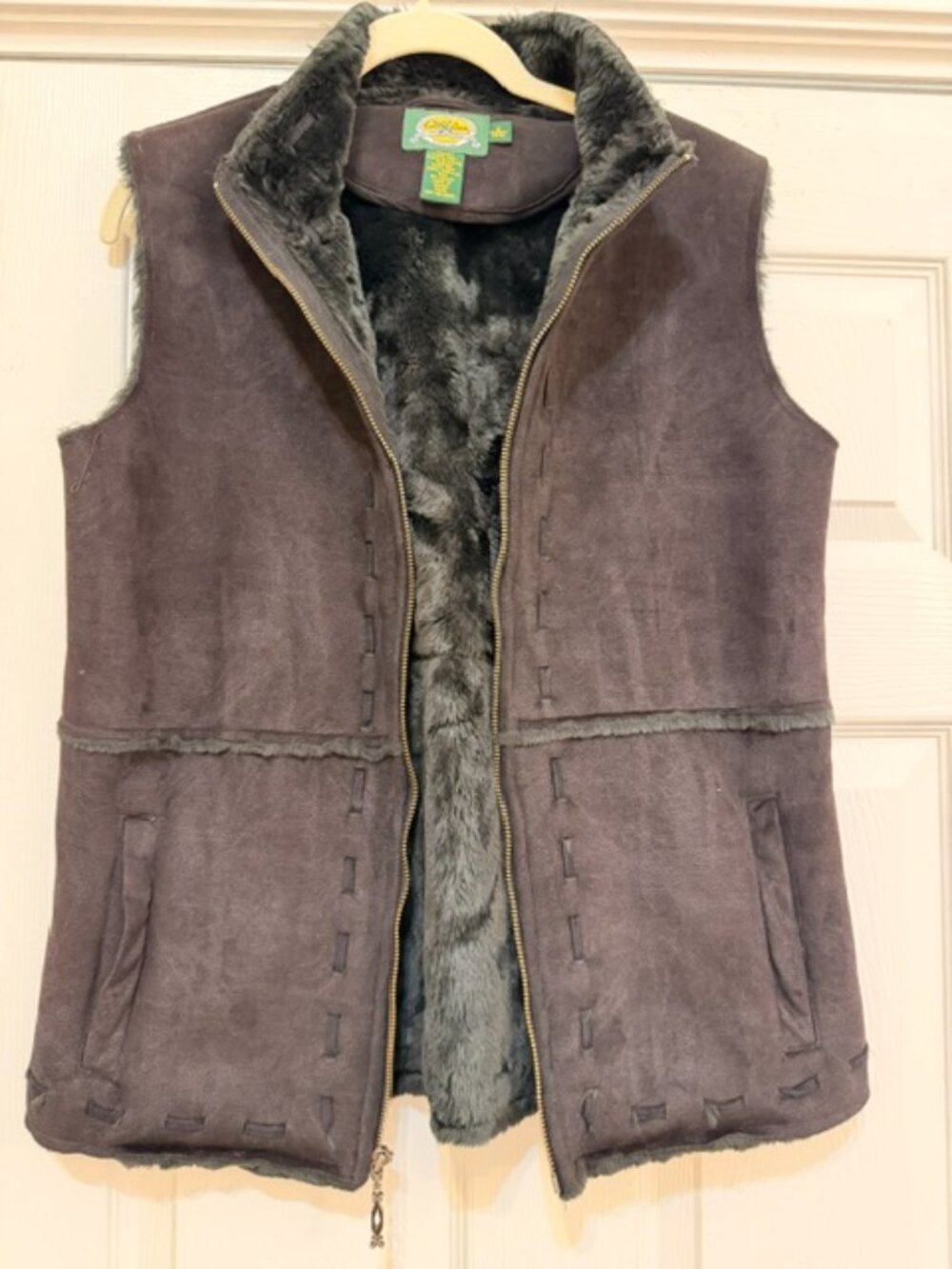 Vintage Cabela's Faux Suede Faux Fur Vest Women's brown Stitched Zip Up S